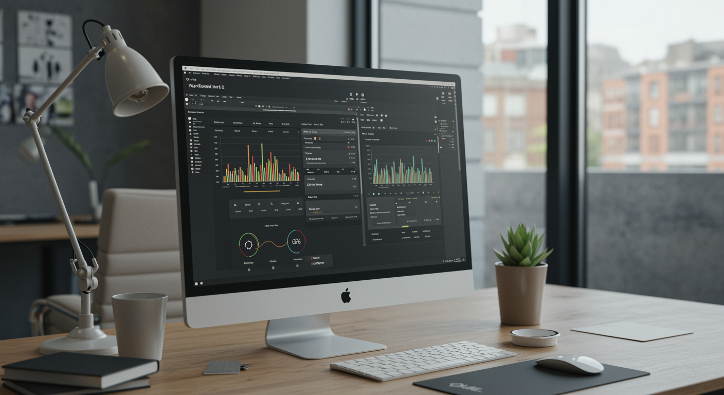 Modern SEO agency workspace featuring a computer screen with keyword research data in an organized, professional office setting
