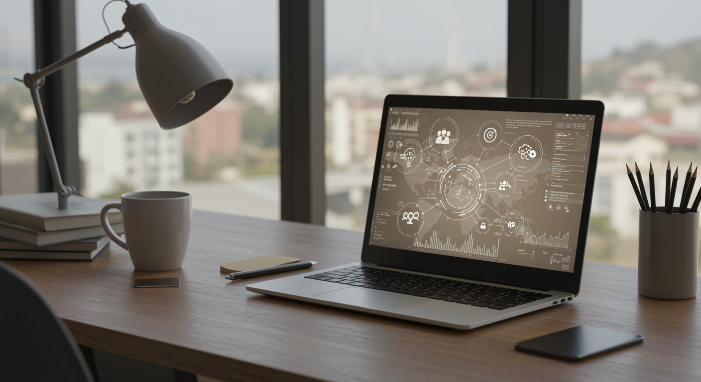 Modern SEO agency workspace with laptop showing digital network connections, representing professional link building services