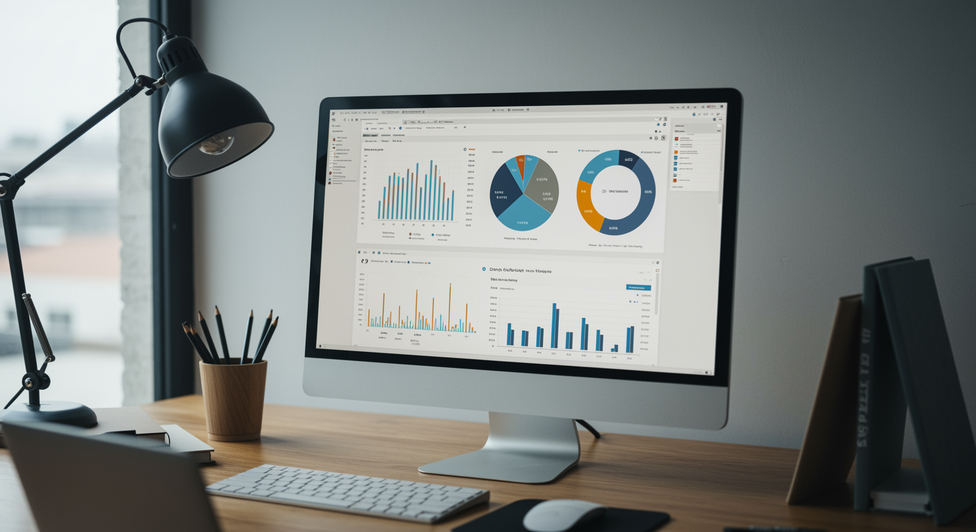 Modern office workspace with a computer monitor showing a website analytics dashboard, clean professional setting for SEO services