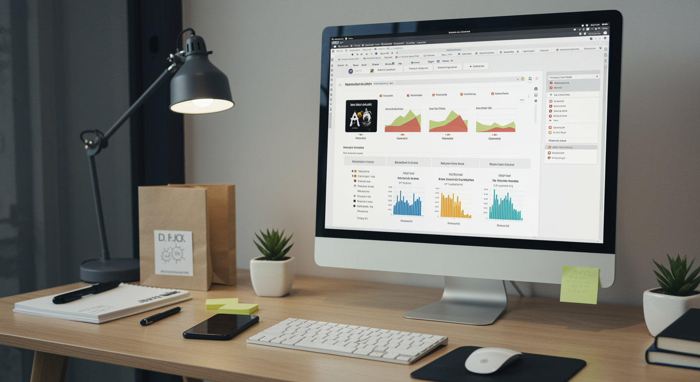 Modern SEO agency workspace featuring a computer screen with a professional website audit dashboard, in a clean and bright office setting