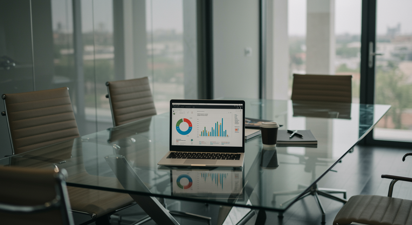 Modern SEO agency office with glass conference table and analytics dashboard display representing technical SEO