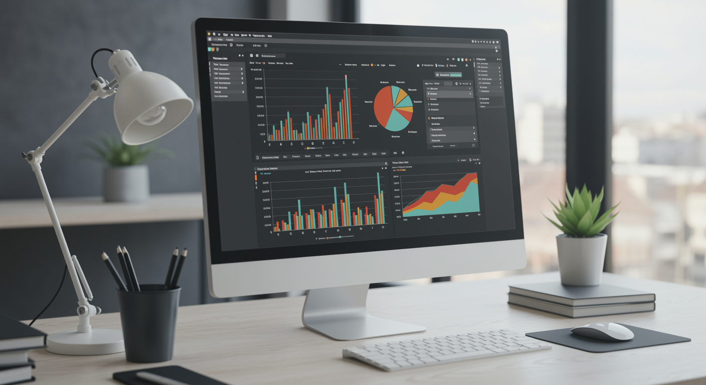 Modern SEO agency office with a large screen showing website analytics charts and graphs on a clean white desk with chrome accents